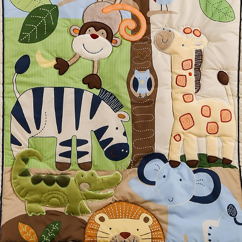 Brandream Jungle 3- Piece Nursery Crib Bedding Sets for Boys - Zebra Elephant Lion Monkey Giraffe Crocodile Birds - Playful Animal Zoo
