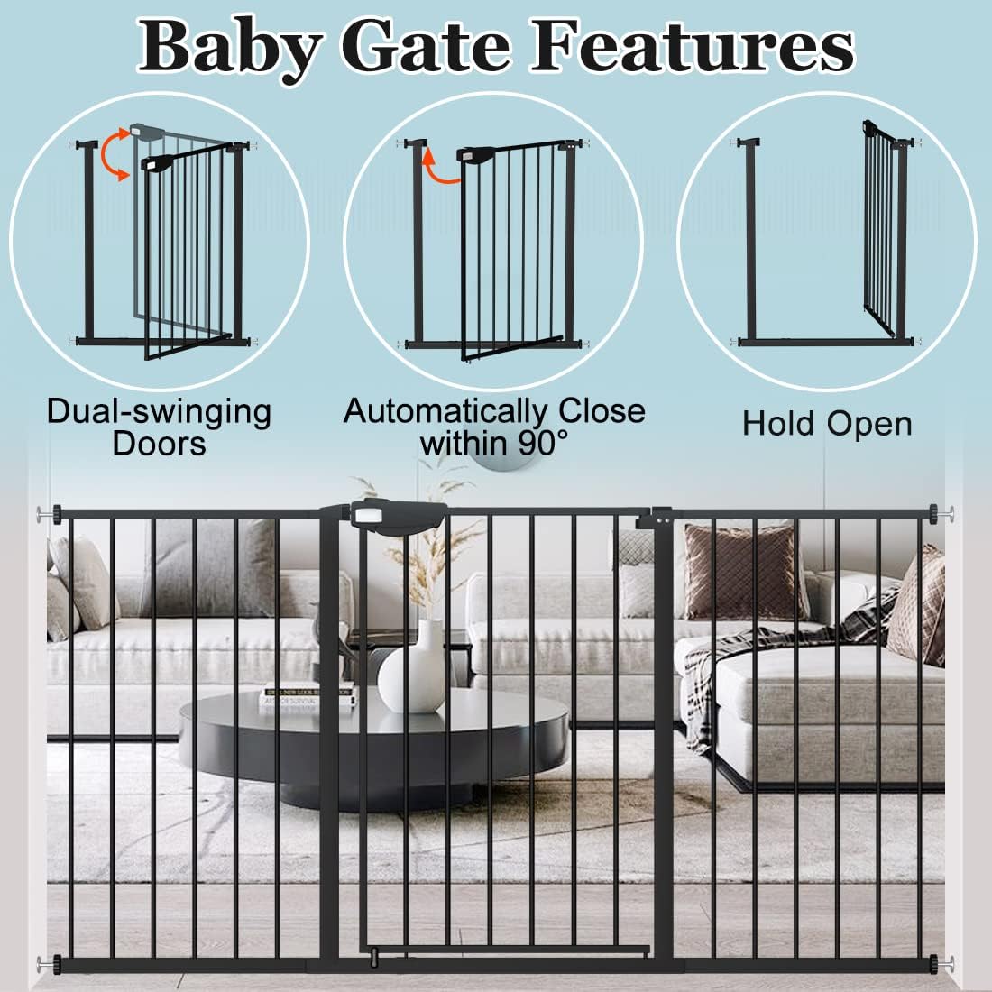 WAOWAO Triple Lock Baby Gate Extra Wide 81.49-86.22" Pressure Mounted Walk Through Swing Auto Close Safety Black Metal Dog Pet Puppy for Stairs,Doorways