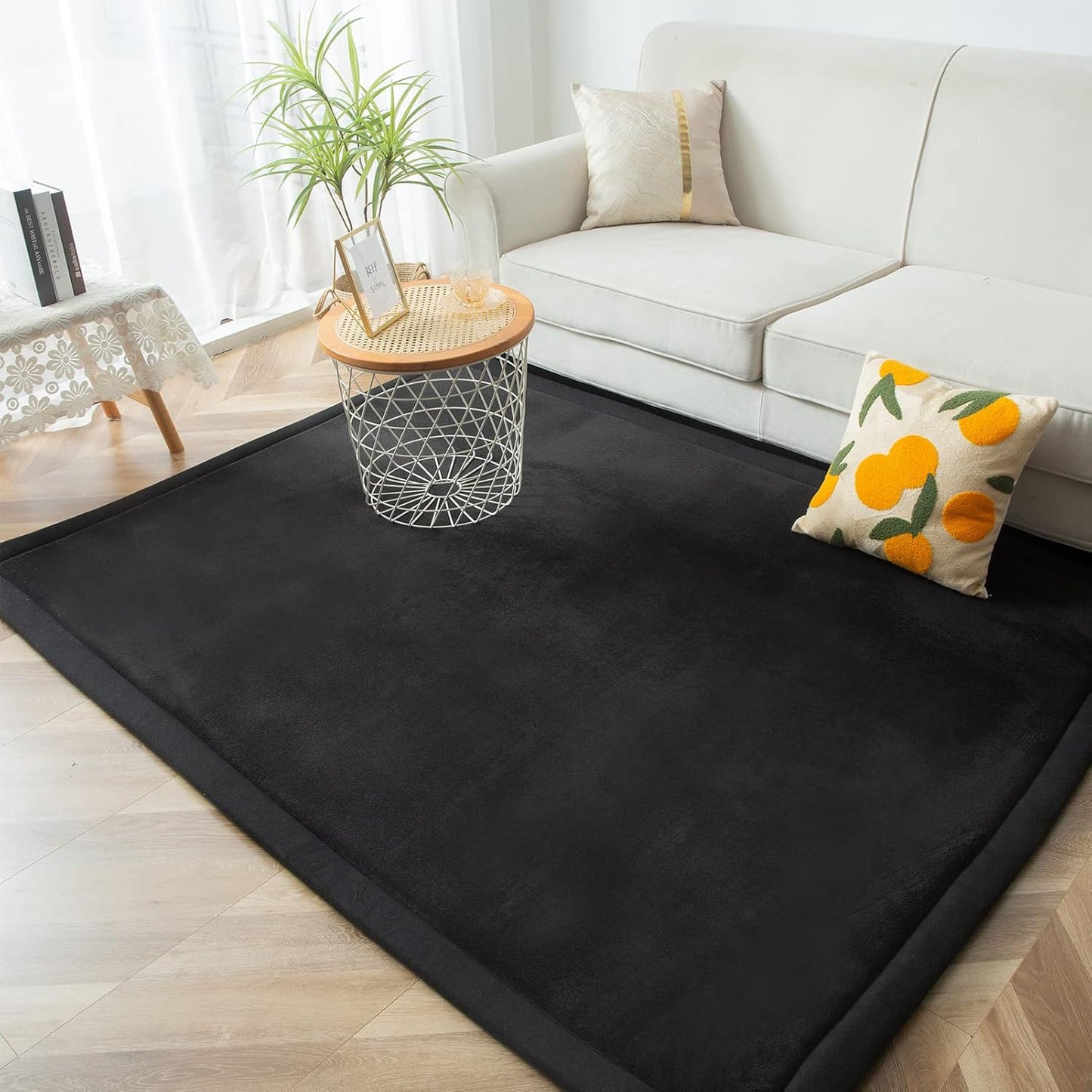 MAXYOYO Black Coral Velvet Area Rug, Thick Japanese Tatami Mat Living Room Carpet with Non-Slip Backing, Large Solid Color Mat for Bedroom Dormitory Yoga, 49 by 49 inch