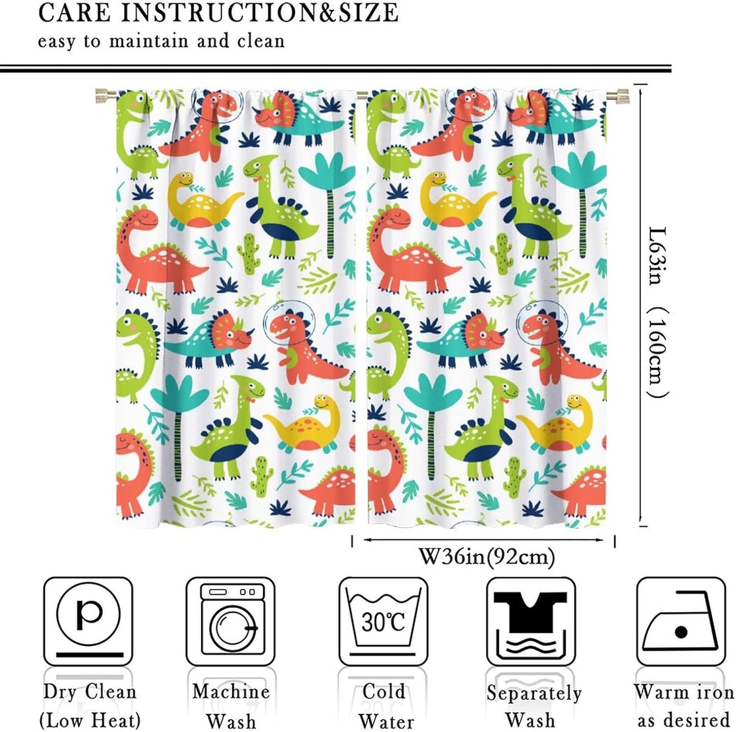 Rustic Dinosaurs Curtains Colorful Dino Kids Boys Cartoon Cute Cool Funny Decor Printed Blackout Rod Pocket Window Drapes for Living Room Bedroom W36xL63in 2 Panels