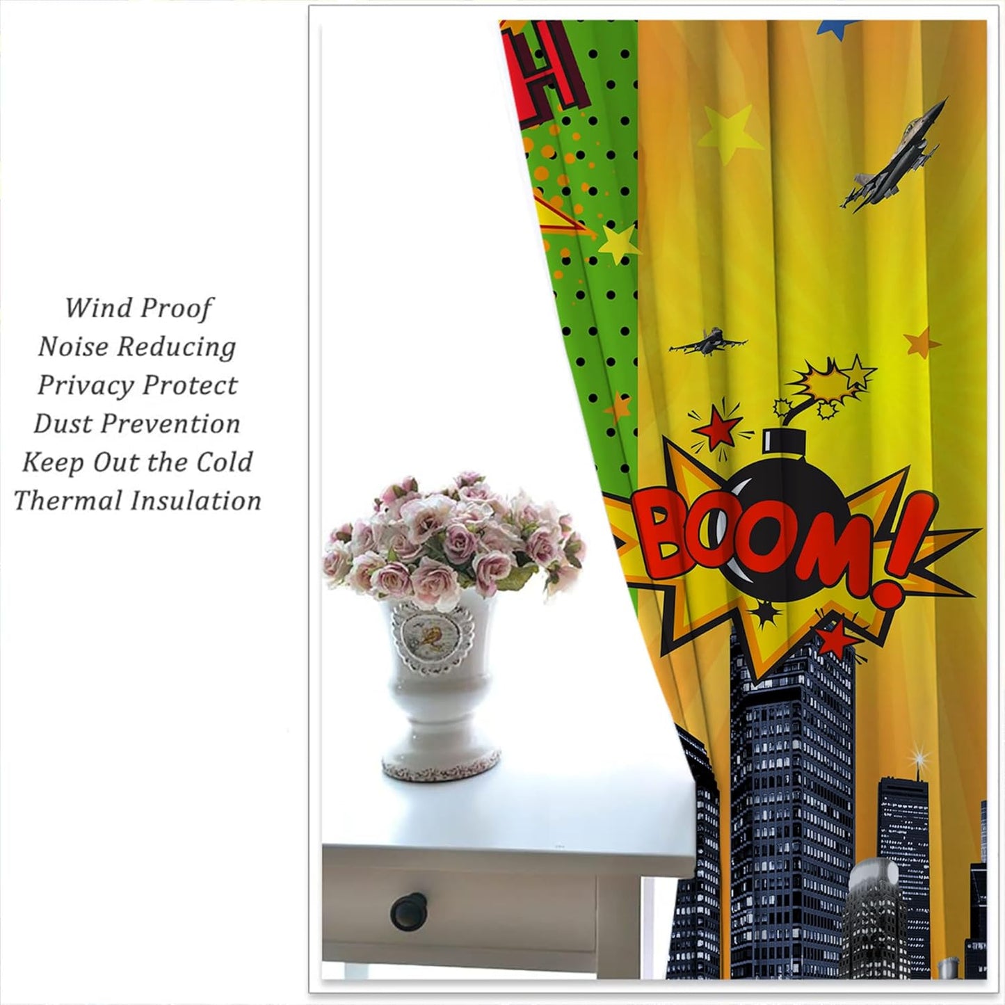Superhero Rod Pocket Blackout Curtains for Boy Girl Bedroom, City War Explosion Comics Art Thermal Insulated Home Window Drapes for Living Room Darkening, 55x63 inch