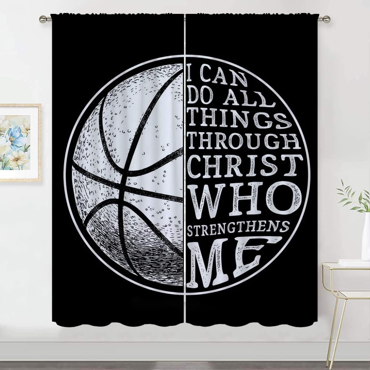 Basketball Blackout Curtains for Boy Girl Room Darkening Decor,Sport Theme and White Motto Dark Background Bedroom Living Room Home Rod Pocket Thermal Insulated Window Curtain/Drapes Panel,42x63 Inch…