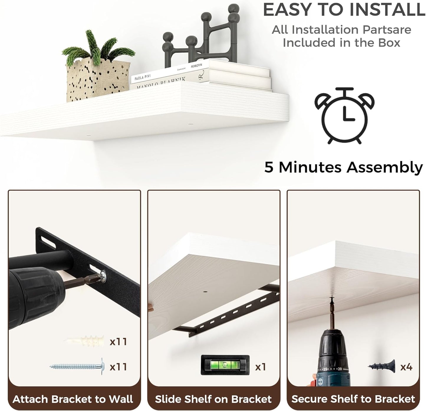 Floating Shelves for Wall, Large Wall Mounted Shelves with Invisible Brackets, Long Wood Floating Shelf for Living Room, Bedroom, Kitchen, (White, 55" W x 9" D x 1.5" H)