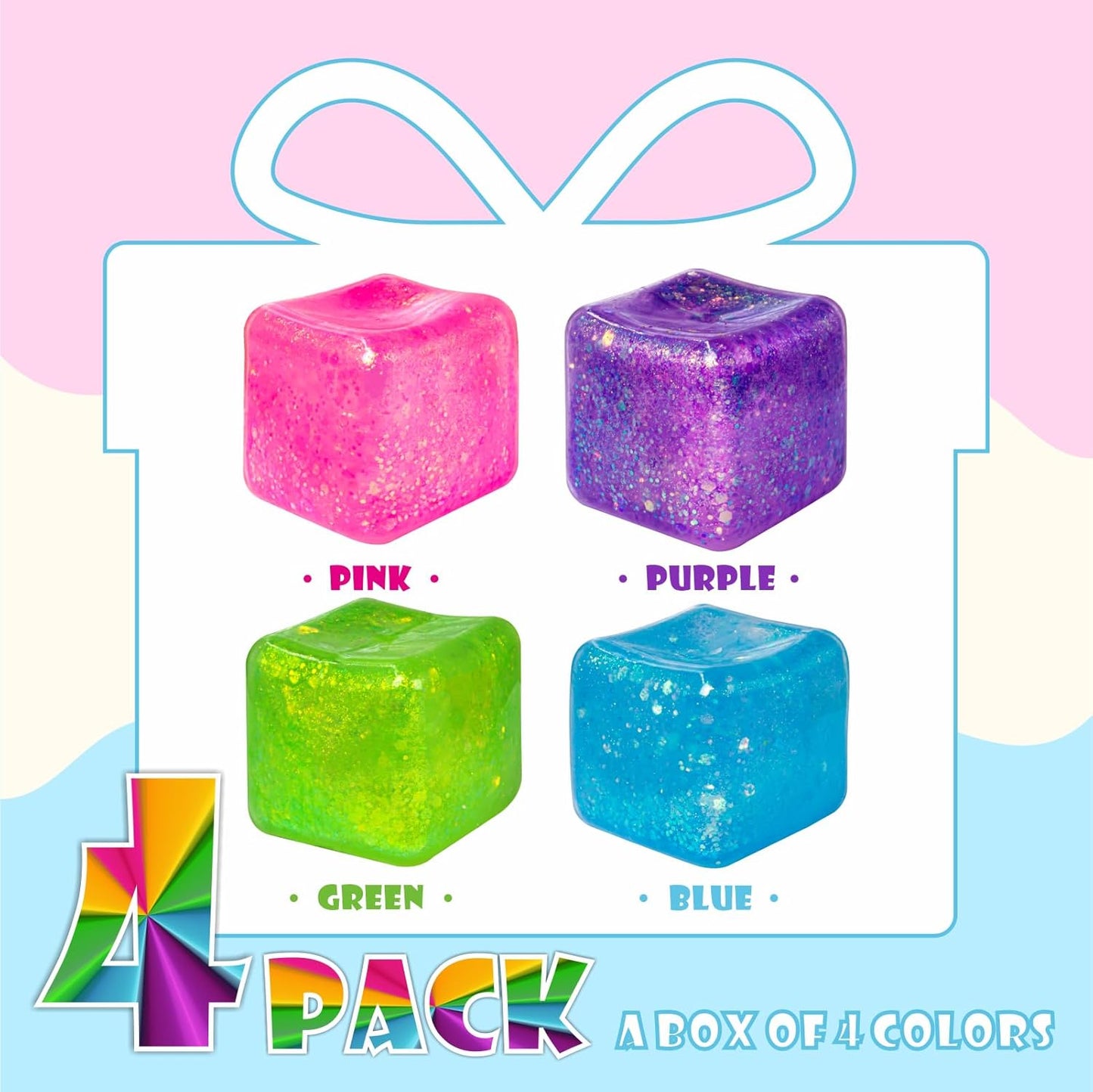 4Pack Glitter Squishy Cube Square Nice Stress Cube Slow Rise Glitter Stress Balls for Adults, Malt Sugar Stress Balls, Sensory Fidget Toys Gel Ice Cube Squishy‘s - Relieve Anxiety/Autism/ADD/ADHD