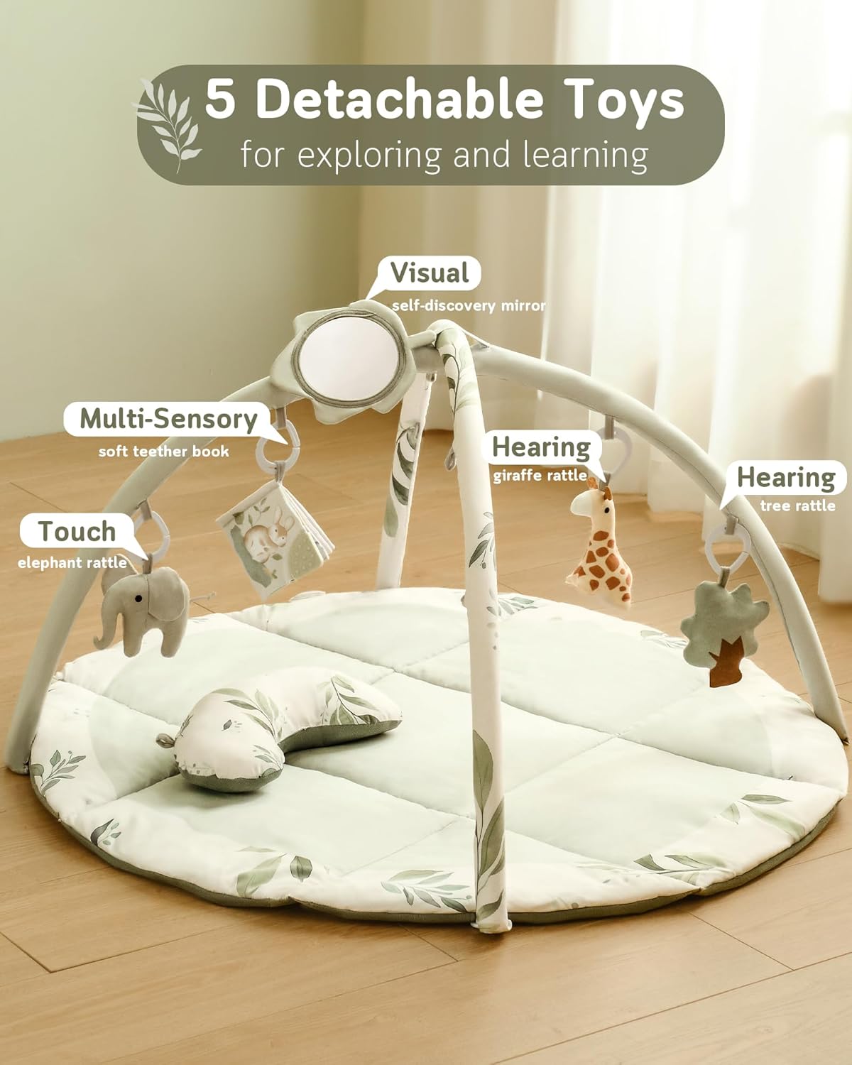 Fortella Baby Play Gym & Activity Mat, Tummy Time Mat w 5 Detachable Toys and Pillow, Large Sensory Playmat for Floor, Newborn Infant Baby Essentials Shower Gift 0-3-6-9-12 Months (Sage Green)