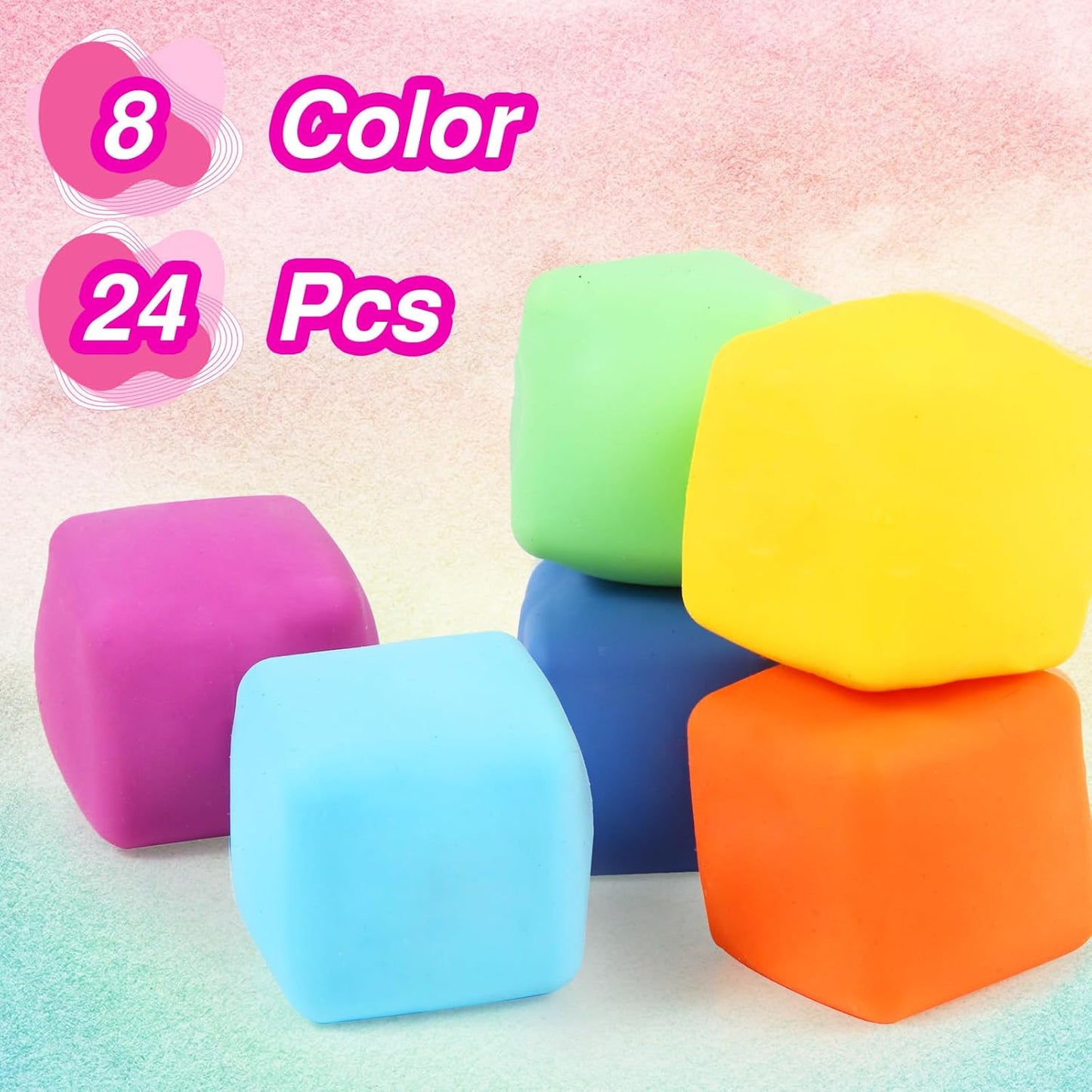 24 PACK Slow Rising Stress Cube, Dough Stress Balls Soft Fidget Squishy Toys for Anxiety Relief, Pull Stretch Classroom Prize Party Favors Toys for Kids