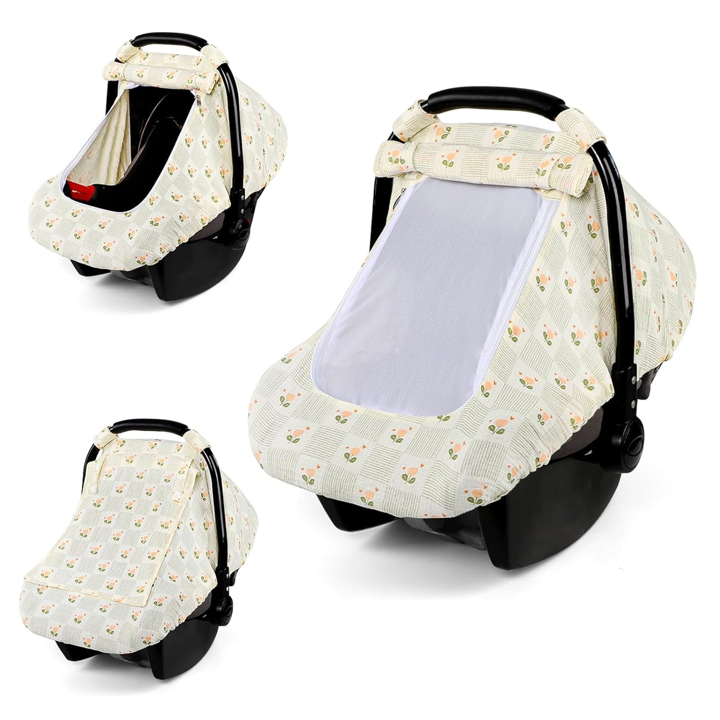 Car Seat Cover Baby, HNHUAMING Muslin Cotton Carseat Covers for Babies Girls Boys Summer Infant Car Seat Covers Canopy, Cozy Newborn Carseat Covers Stroller Cover with Breathable Mesh Window, Floral