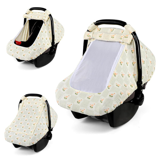 Car Seat Cover Baby, HNHUAMING Muslin Cotton Carseat Covers for Babies Girls Boys Summer Infant Car Seat Covers Canopy, Cozy Newborn Carseat Covers Stroller Cover with Breathable Mesh Window, Floral