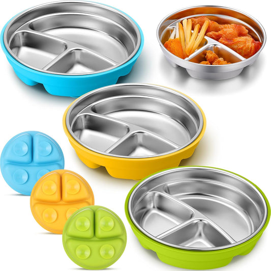 Nuogo 3 Pcs Stainless Steel Baby Suction Plates with Removable Silicone Shell 2-in-1 Metal Toddler Bowl Divided for Picky Eaters Kid Feeding Led Weaning Supply, Dishwasher Safe (Yellow,Blue,Green)