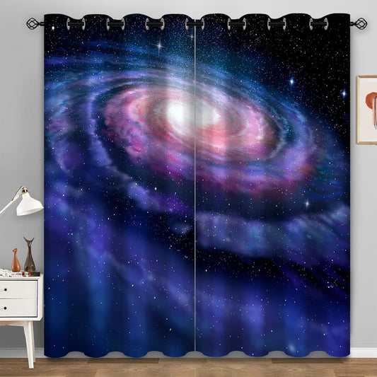 Aimego Galaxy Blackout Curtains Outer Space Universe Nebula Starry Sky Solar Planet Window Drapes Decor for Bedroom Living Room Grommet Top Room Darkening Curtains 2 Panel Set, 42"X63"