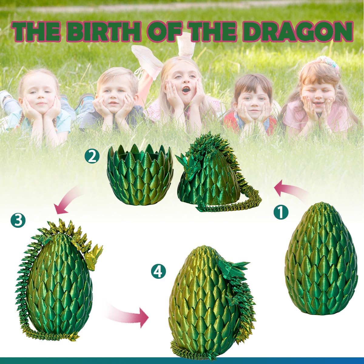 Dragon Eggs with Dragon Inside, 12In Laser Gold Green 3D Printed Dragon Egg Fidget Toy, Executive Desk Articulated Dragon Toy, Home Office Decor