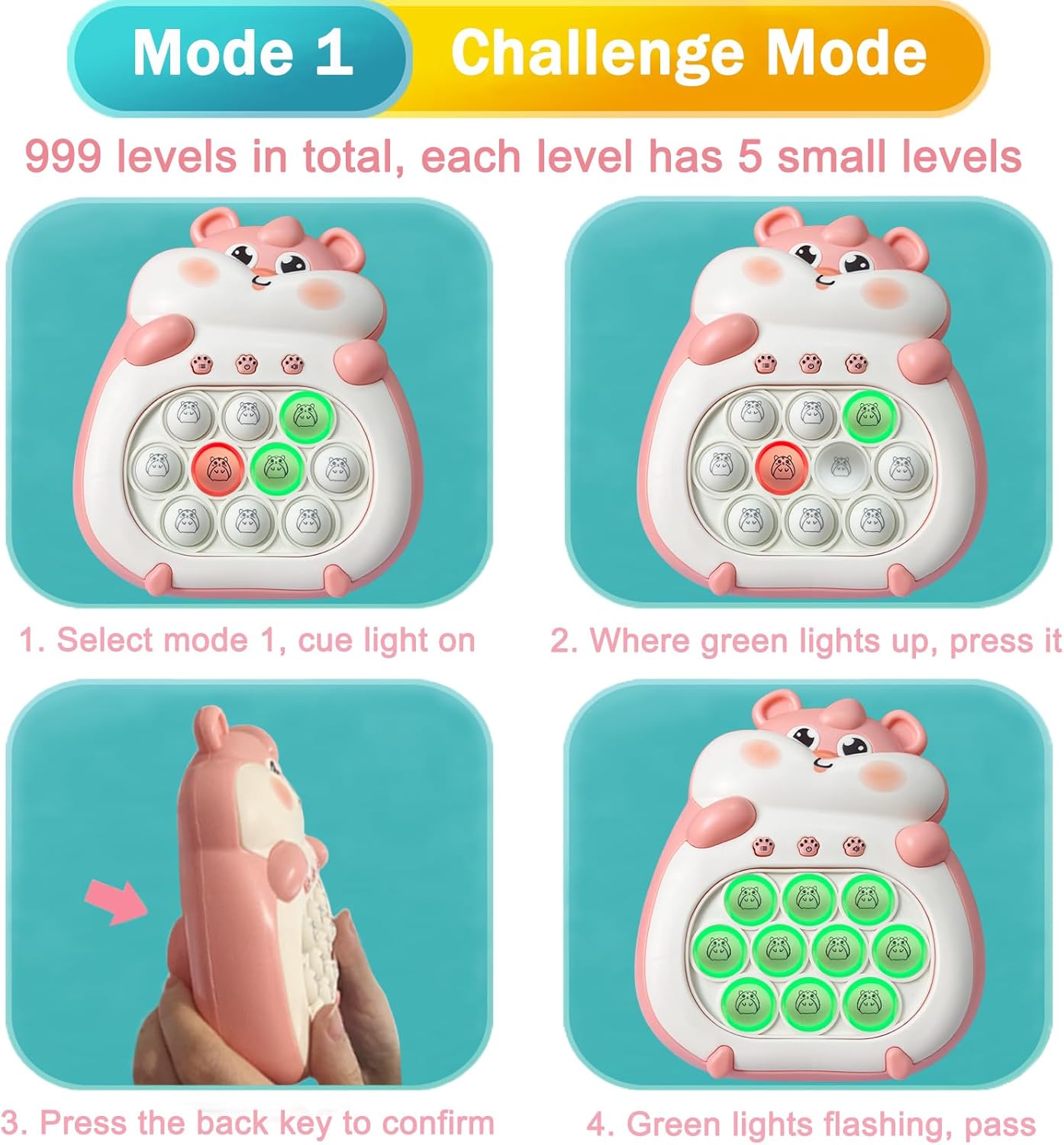 Pop Quick Push Game Light Up Fidget Toys Handheld Puzzle Press Popping Game Console for Kids Ages 3+ Adult Pink Hamster