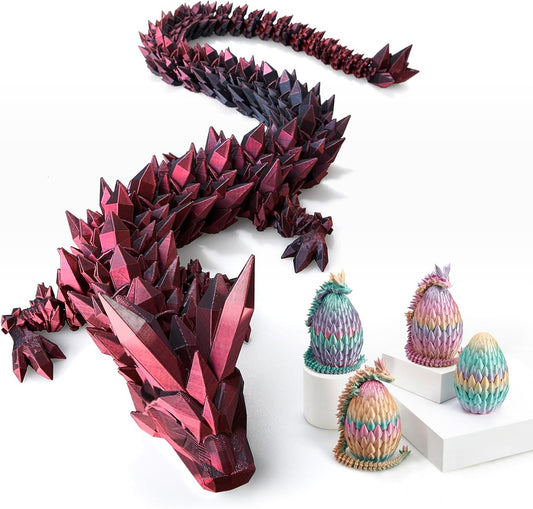 Large 30" 3D Printed Dragon,Articulated Crystal Dragon,3D Dragon Toy,Dragon Collection, Executive Desk Decor (Black-Red)