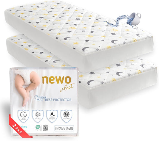 Waterproof Crib Mattress Protector Sheets,%100 Cotton Fabric, Absorbent Crib/Toddler Mattress Protector, Quilted, Certified, Noiseless Machine Wash, Moon&Star Pattern 52"x28" (Small Single, 2, Pack)