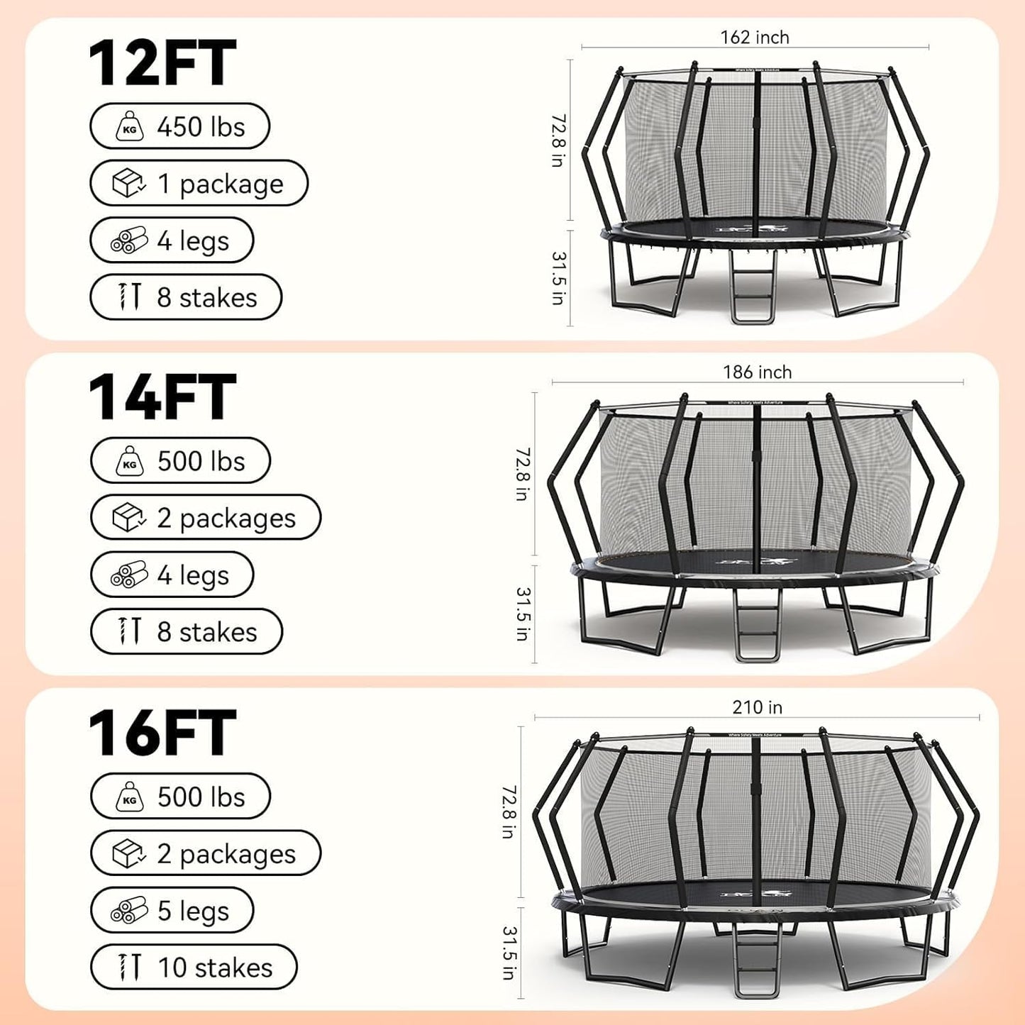BCAN 8FT 10FT 12FT 14FT 15FT 16FT Recreational Trampoline with Enclosure for Kids Adults, ASTM Approved, Outdoor Trampolines with Ladder for Kids