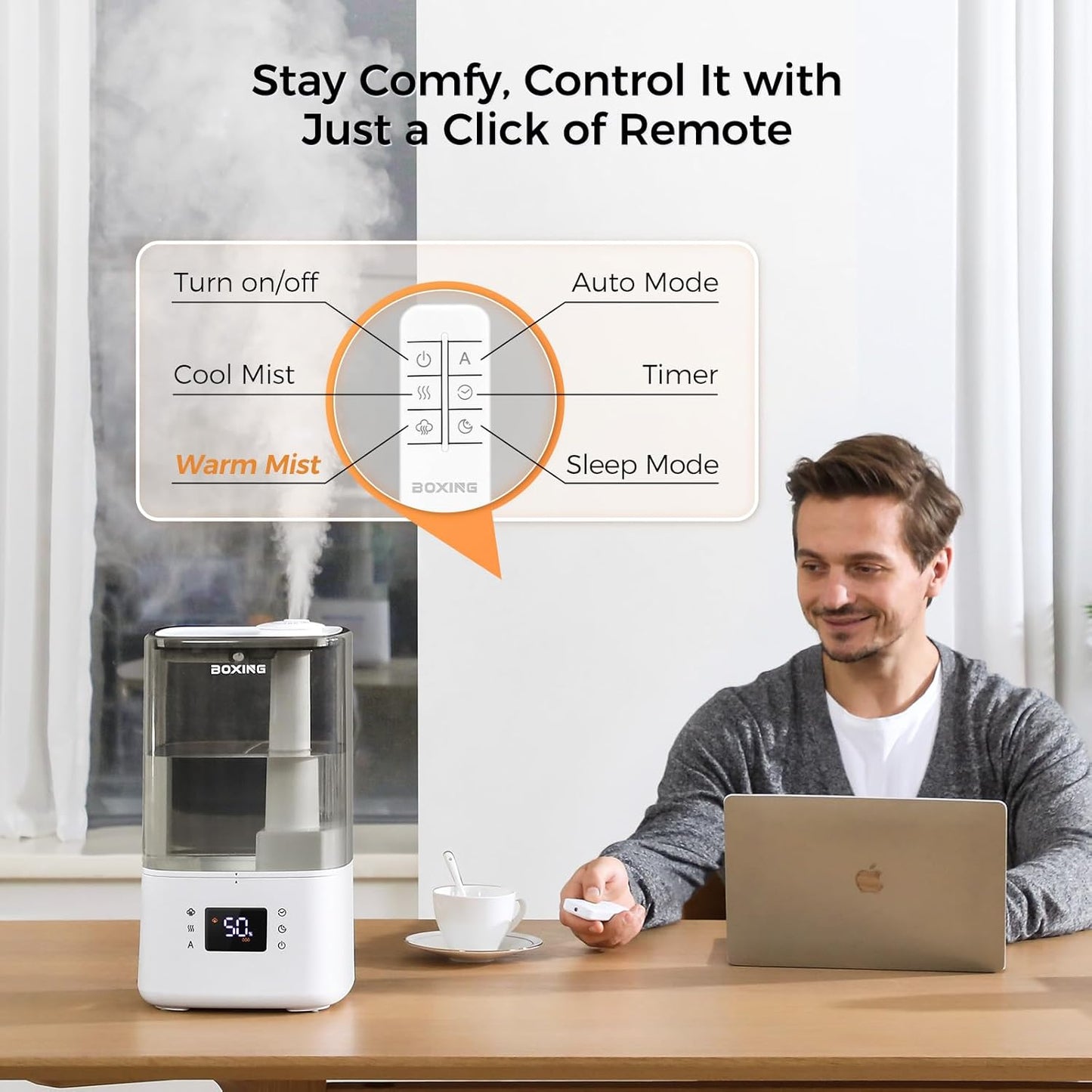 BOXING 6L Warm & Cool Mist Humidifiers for Bedroom, Air Humidfier for Large Room with Remote Control, Auto Mode Perfect for Baby & Plants, Top Fill, Sleep Mode, Timer, Essential Oil Tray, 60H