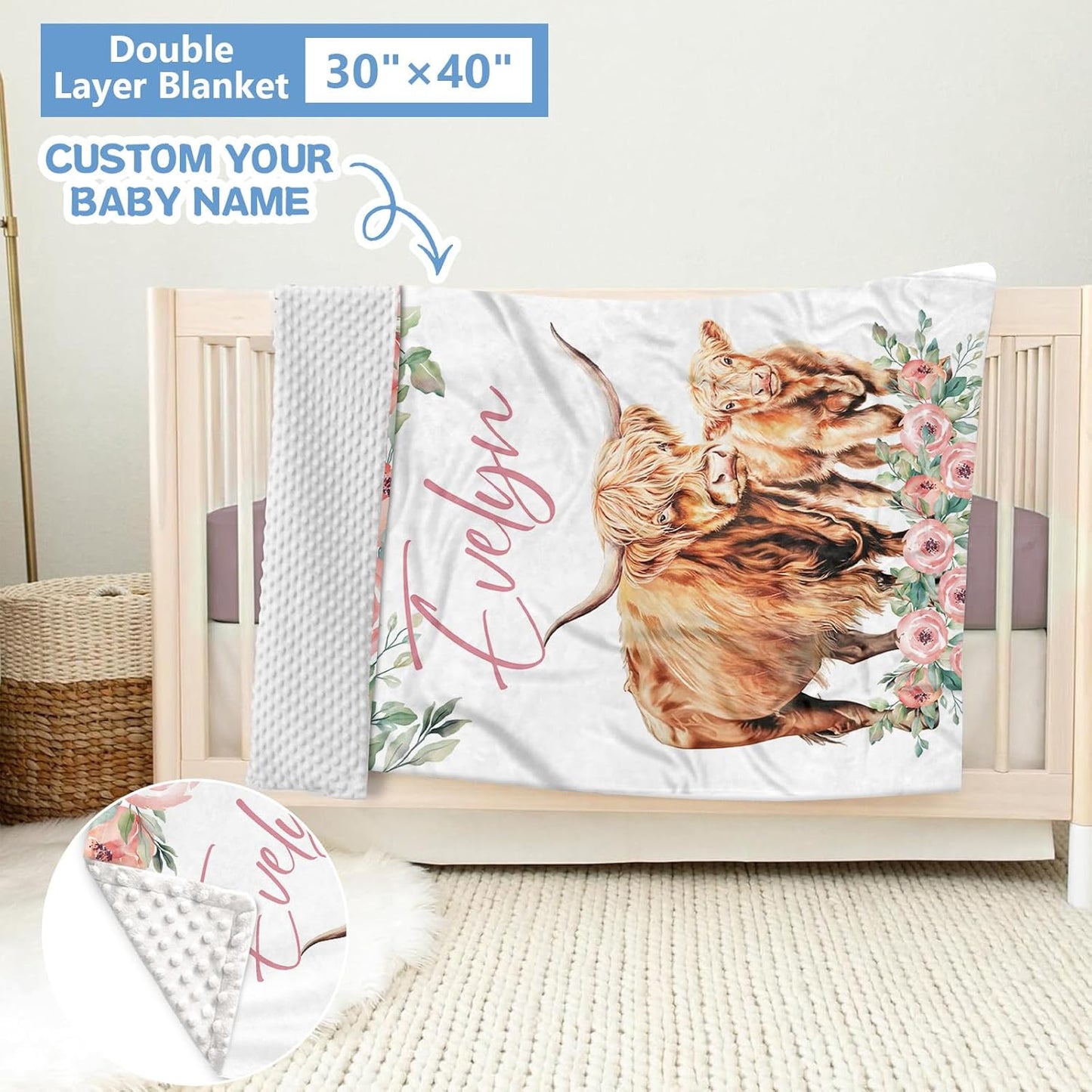 Personalized Nursery Bedding - 5 Pcs Custom Baby Crib Set with Name, Double Layer Crib Bedding for Girls, Cows and Flowers Theme