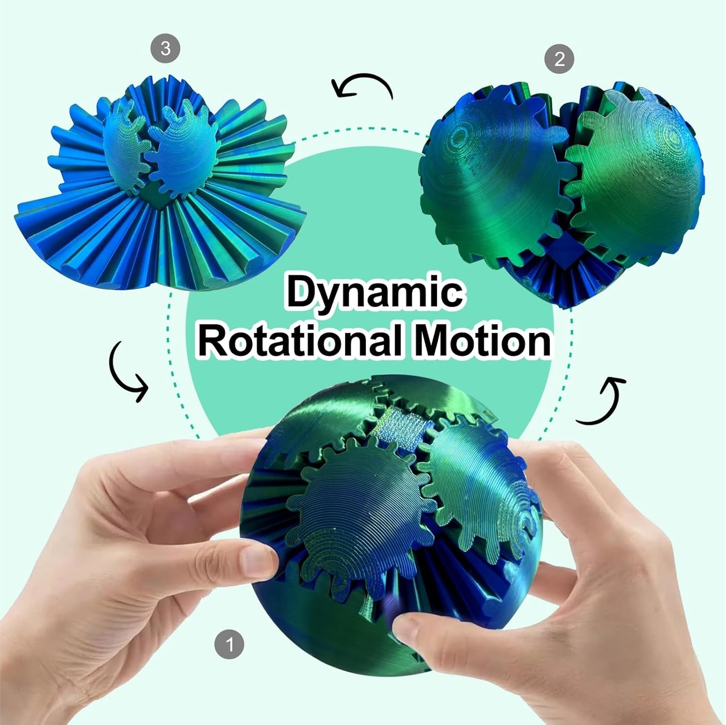 Gear Ball, 3D Printed Gear Ball Spin Ball Cube Fidget Toy, Gear Sphere Fidget Ball, Stress Ball, GearSphere Desk Toy, Gear Toy for Stress and Anxiety Relaxing (Laser Green)