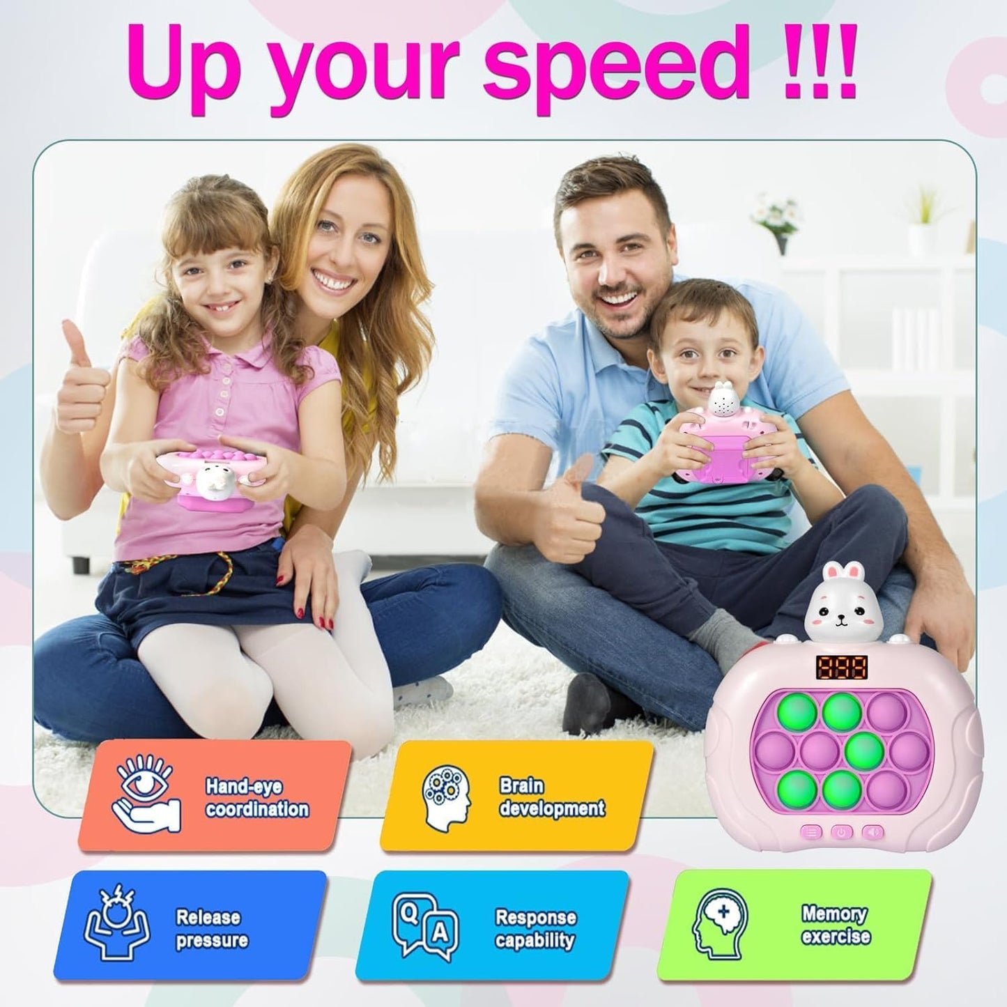 Fast Push Game Pop Fidget Toys for Kids, Handheld Puzzle Game Sensory Toys with LED Screen, Quick Push Light Up Game Gifts for 3-12 Year Old Girls Boys (Rabbit)