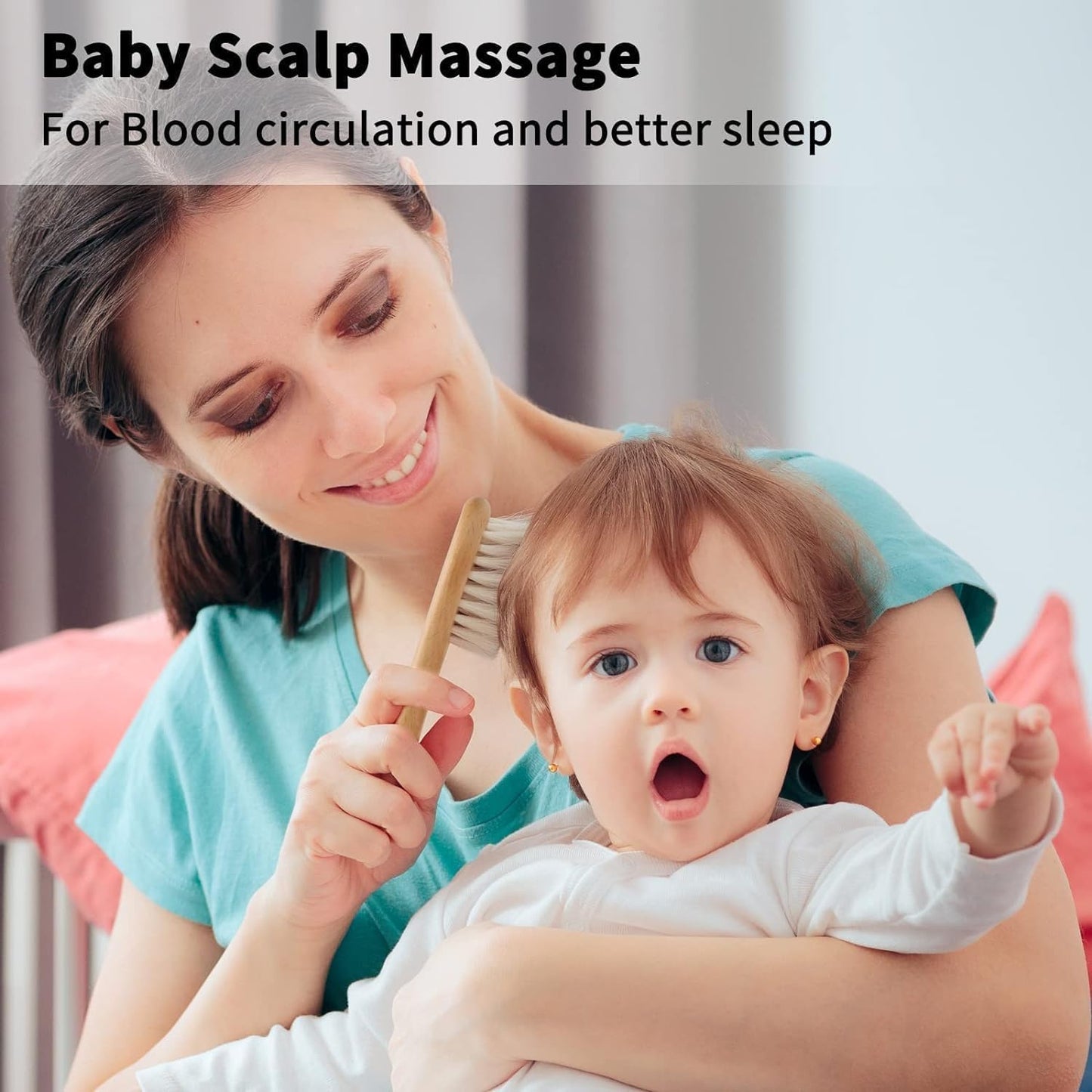 Goat Baby Hair Brush Set, Safe Natural Hair Care Kit with Wooden Soft Bristles Brush Comb Green Silicone Bath Brush for Newborns Toddlers (3pcs Set)