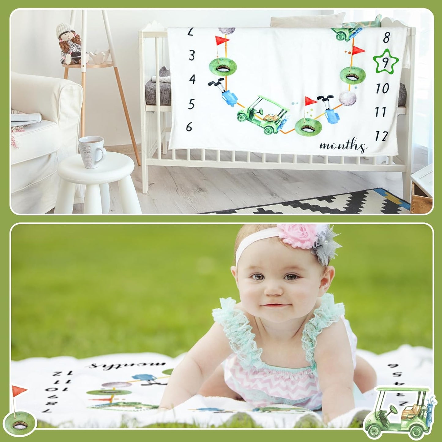 Golf Print Baby Monthly Milestone Blanket Newborn Baby Boy Green Gender Neutral Newborn and Nursery Essentials Personalized Ideas for Nursery Decor (Green, Golf)