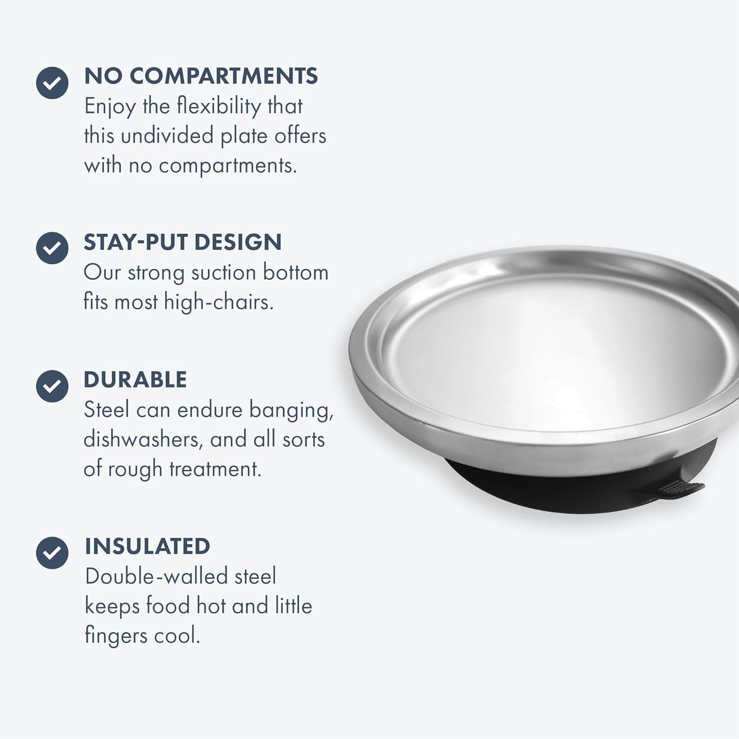 Avanchy Open Baby Plates with Suction – Stainless Steel Divided Plates for Toddlers, BPA-Free, Dishwasher Safe, Unbreakable, Non-Toxic, 100% Silicone Suction – Gray