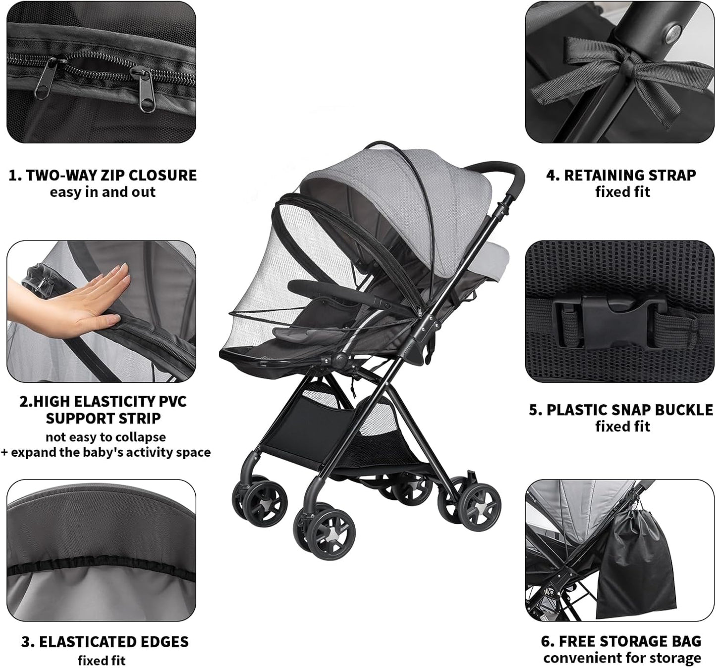 Bemece Universal Baby Stroller Mosquito Net, Durable Mosquito for Stroller with Two-Way Zippers & Storage Bag, Breathable & Foldable Mosquito Nets, Perfect Bug Net for Strollers