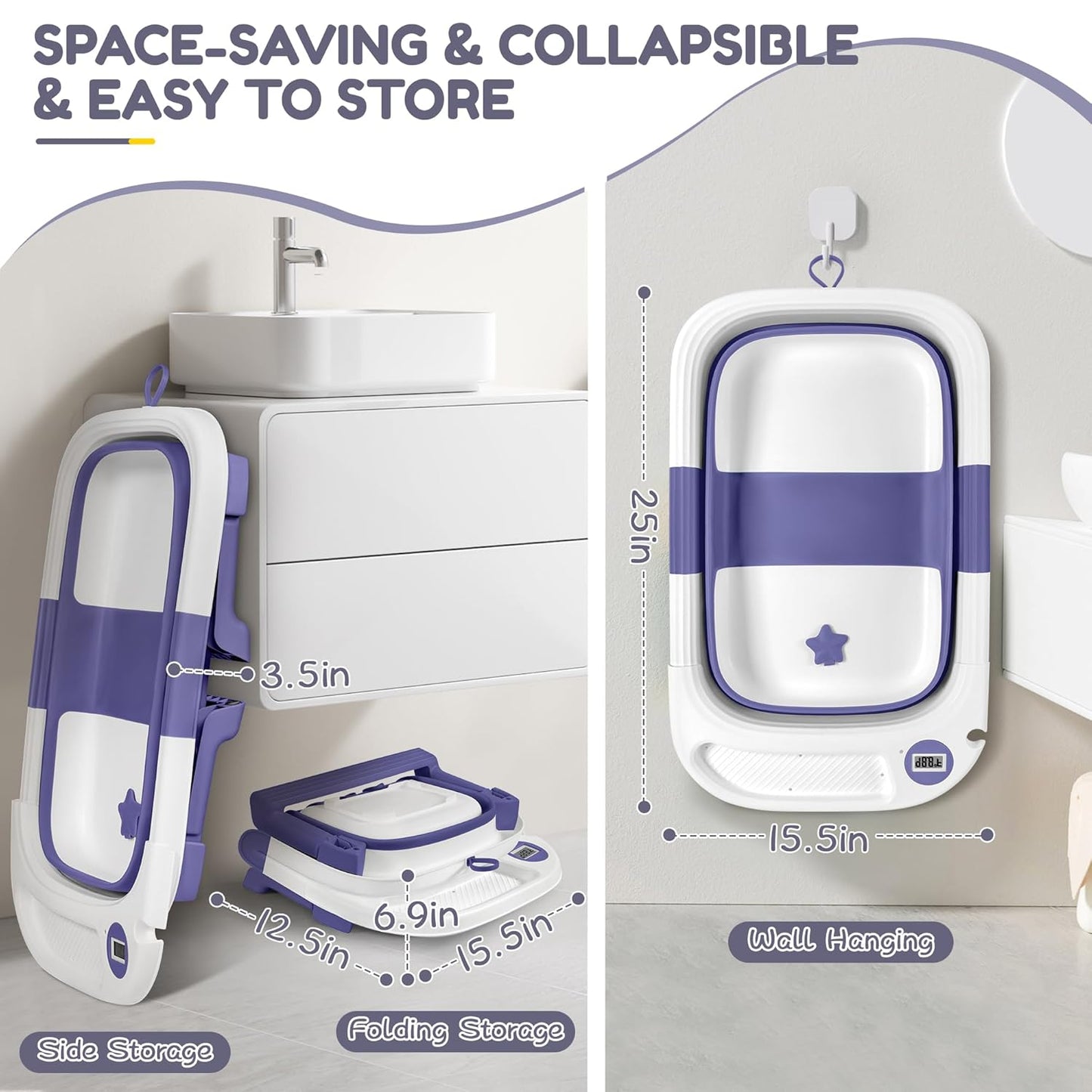 Collapsible Baby Bathtub,Baby Bath Tub with Thermometer & Soft Cushion,Baby Bathtub for Newborn to Toddler 0-36 Months,Portable Travel Baby Tub with No-Slip Feet,Baby Shower Gifts,Lavender