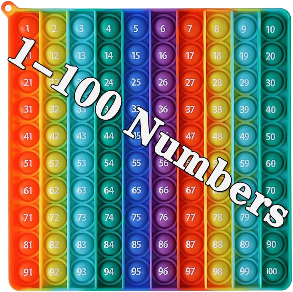 Large P0pp with Numbers, Rainbow Square Dimples Fidgett Ttoy 100 Bubble Math Toy Learning Tool for Teachers to Make Various Math Operations (1-100 Numbers)