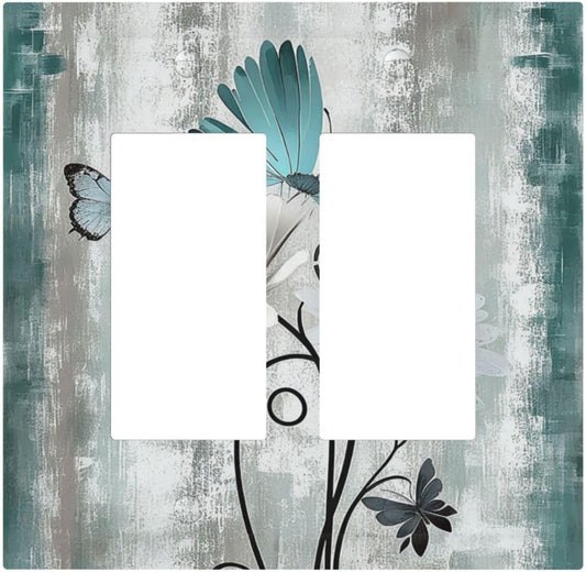 Decorative Outlet Covers Rustic Teal Daisy Floral Flowers Butterfly Wood Grain 2 Gang Double GFCI Rocker Electrical Wall Panels Light Switch Cover Plate for Bathroom Bedroom Decor