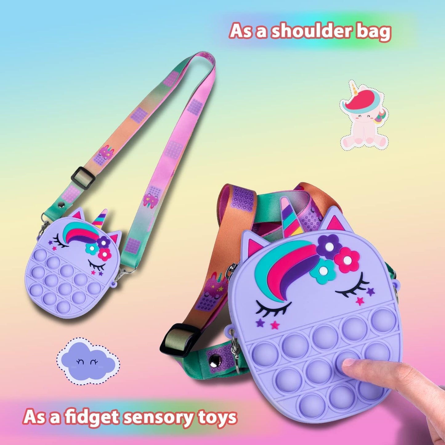 Pop Bag it, Fidget Bag, Pop Purse for Girl and Women Pop Bag with Unicorn Pop Toy, Anti Stress Silicone Poppet Bag Fidget Shoulder Bag, Best Gifts