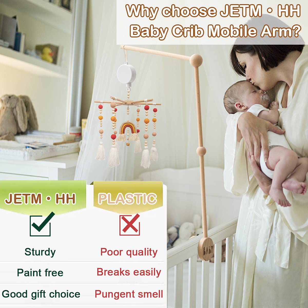 Baby Crib Mobile Arm Wooden Holder 30 inch Beech Hangers with Rotating Music Box Nursery Decor Attachment Safe Anti Slip Set