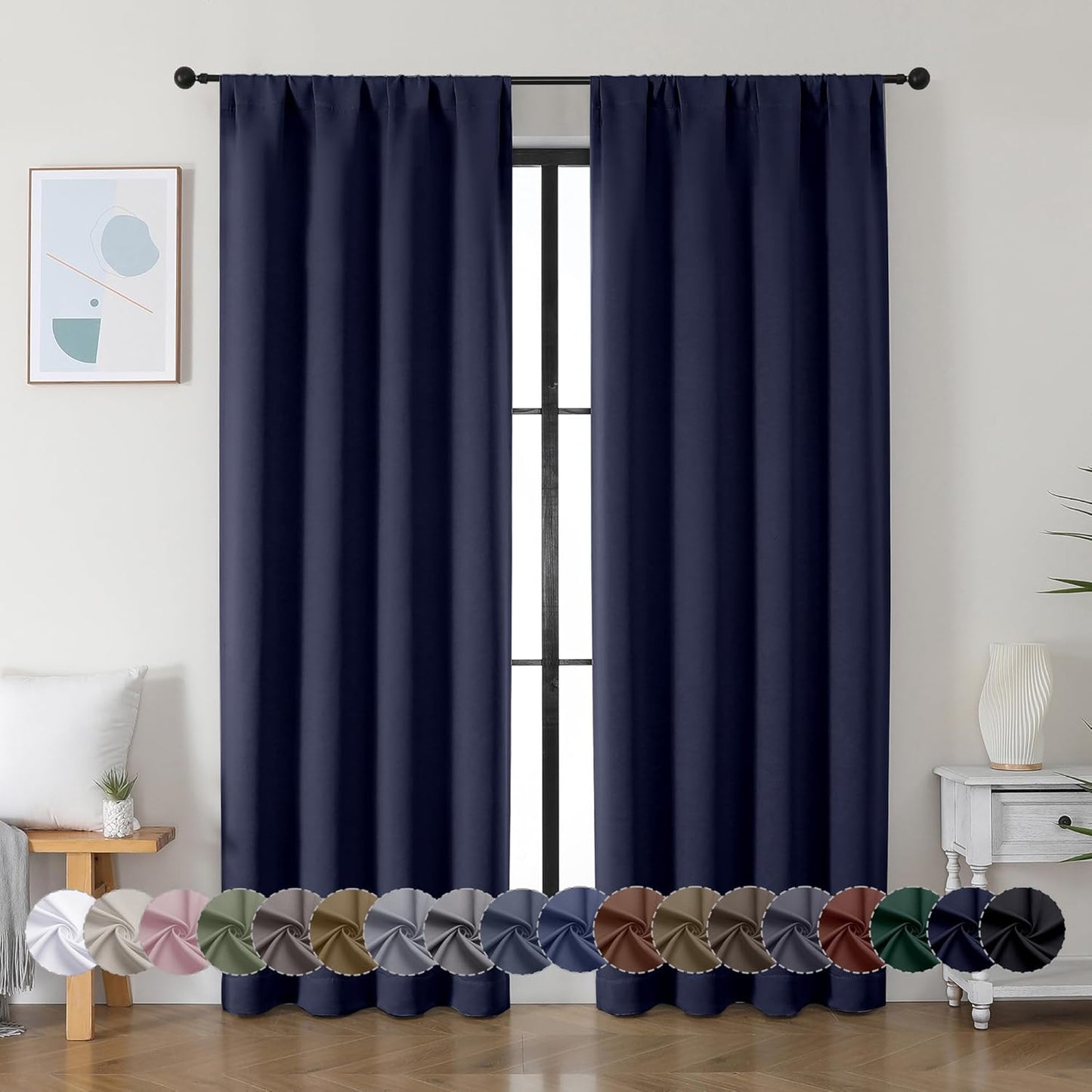 Simplebrand Ava Navy Blue Blackout Curtains for Bedroom 84 Inch Length 2 Panels Set, Solid Thermal Insulated Privacy Living Room Window Treatment Curtains Blackout Drapes, W40 x L84 Inch, Navy Blue