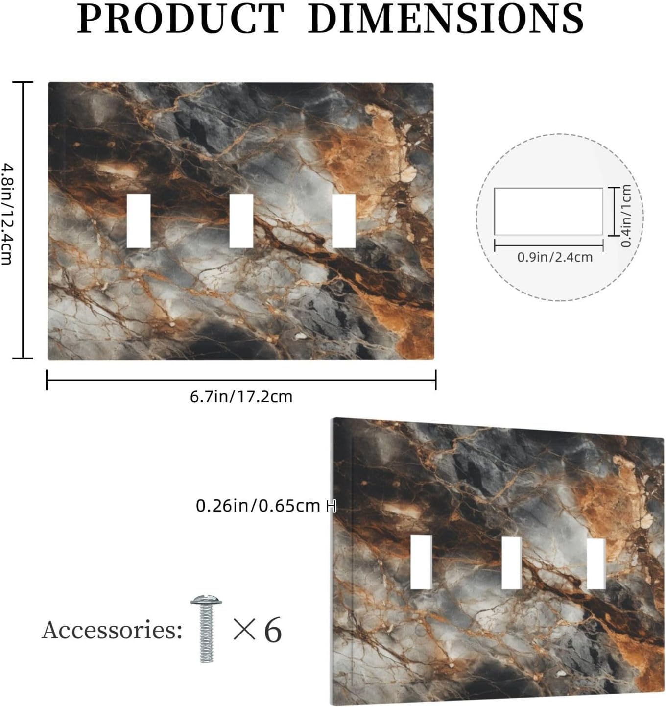 Brown Marble Granite Golden Lines Print Decorative Switch Plates 3 Gang Wall Plate Triple Toggle Light Switch Cover Faceplate Electrical Wall Panels for Bathroom Kitchen Decor