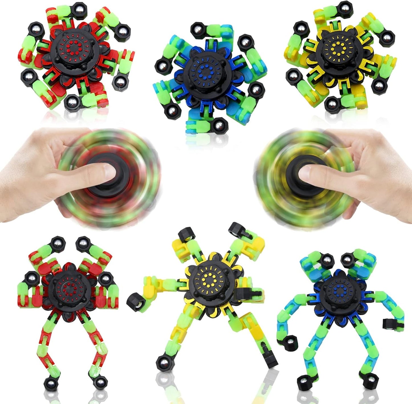 8Pcs Fidget Spinners Glow in The Dark, Fingertip Gyro DIY Deformable Robot Funny Sensory Fidget Toys Decompression Spinner Birthday Gifts Classroom Prizes Party Favors for Kids Adults