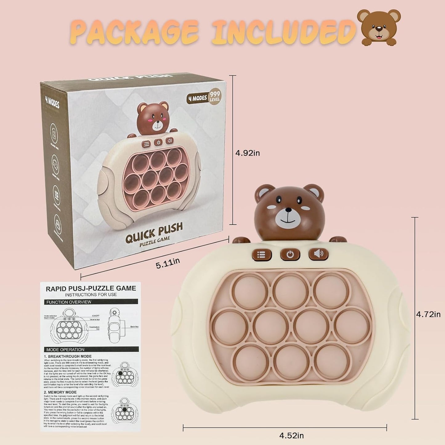 Toymaker Quick Push Game Console Handheld Game Toys Puzzle Popping Press Toy Interesting Push Bubble Fidget Stress Relief Toys Birthday Presents for 3+ Years Old Kids (Bear)