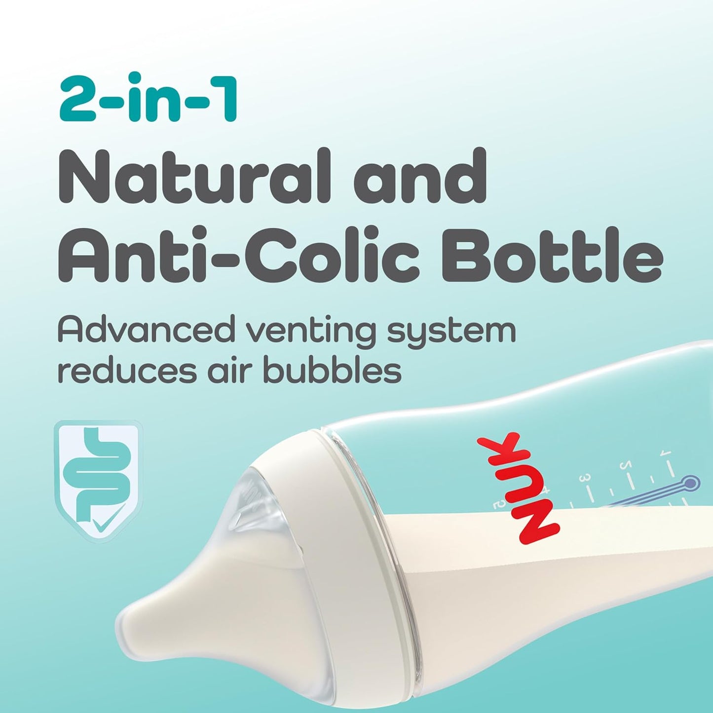 NUK Perfect Match 2-in-1 Natural and Anti-Colic 8oz Bottle with Adaptable Medium Flow Nipple, 2 Pack