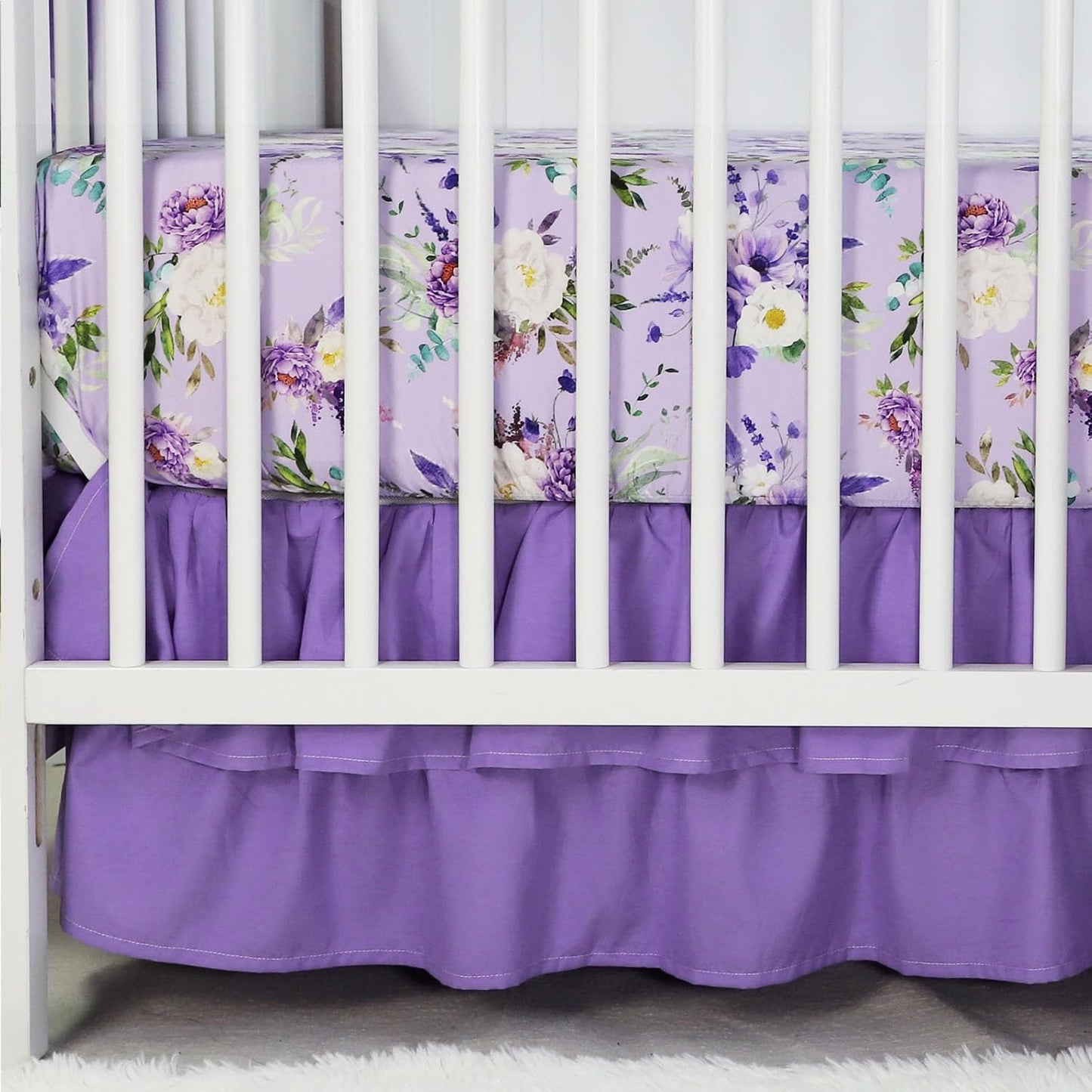 Crib Bedding Set for Girls, Purple Baby Crib Bedding Set 4 Piece, Baby Girl Nursery Bedding Set Including Comforter, Fitted Crib Sheet, Crib Skirt, Diaper Stacker, Floral