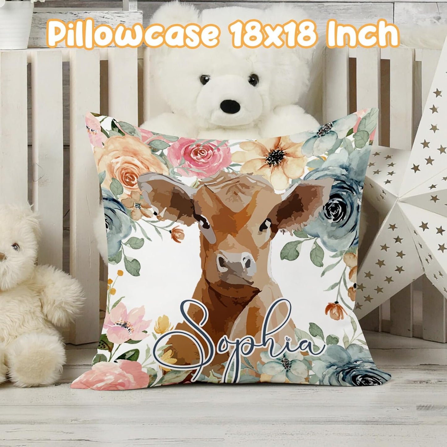 Custom Crib Bedding Set - Highland Cow Design Personalized Name Baby Nursery Bed 3 Pcs Set - Chic Soft Blanket with Dotted Backing, Sheet, Pillowcase for Newborn Girls Boys Gifts Color03
