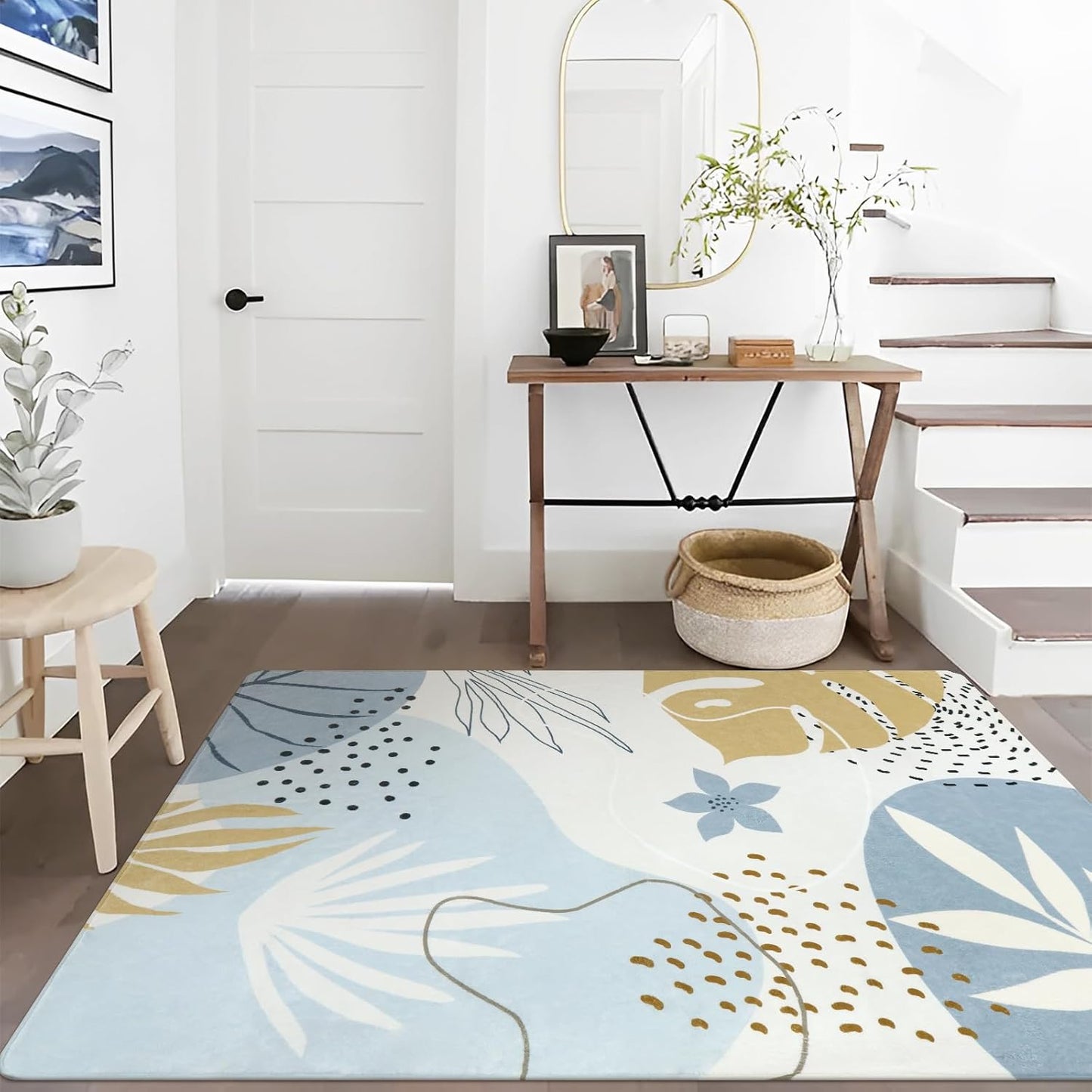 Lahome Boho Blue Living Room Carpet - Washable Area Rugs 4x6 Non-Slip Ultra-Thin Soft Bedroom Rugs Nursery Kids Room, Botanical Print Indoor Modern Floral Carpet Rug for Classroom Laundry Room Office