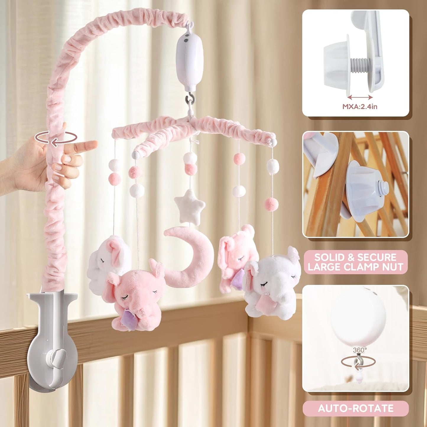 Baby Crib Mobile - Elephant Mobile for Crib with 25 Inches Mobile Arm and 35 Lullabies Musical Box, 3 Modes Digital, Volume Control, Essential Gift for Infant Boys Girls Bedroom Hanging Decor