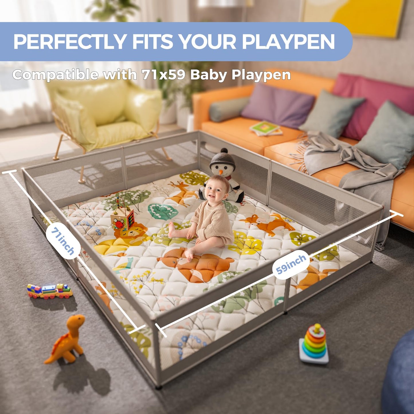 Baby Play Mat 71" X 59" Playpen Mat Upgraded Thicken Baby Floor Play Mat Non-Slip Cushioned Crawling Mat Waterproof Activity Playmats for Babies Toddlers Infants (71X59, Fox)