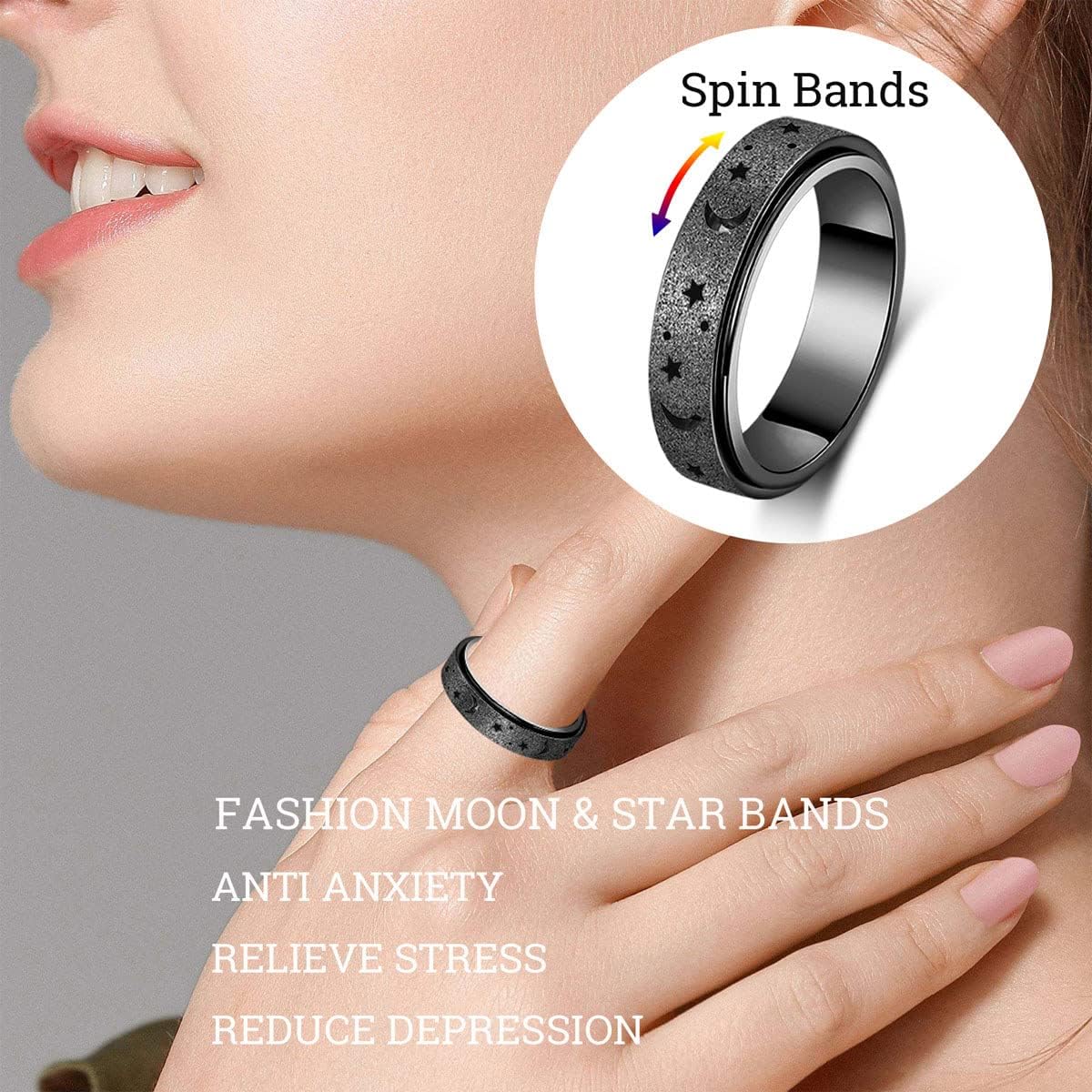 Anxiety Ring for Women Men, Titanium Stainless Steel Spinner Ring, 5 Colors, 6MM, Size 6-10, 3 Styles Anxiety Ring-Moon Star, Sandblasted Finished, Hollow Outer