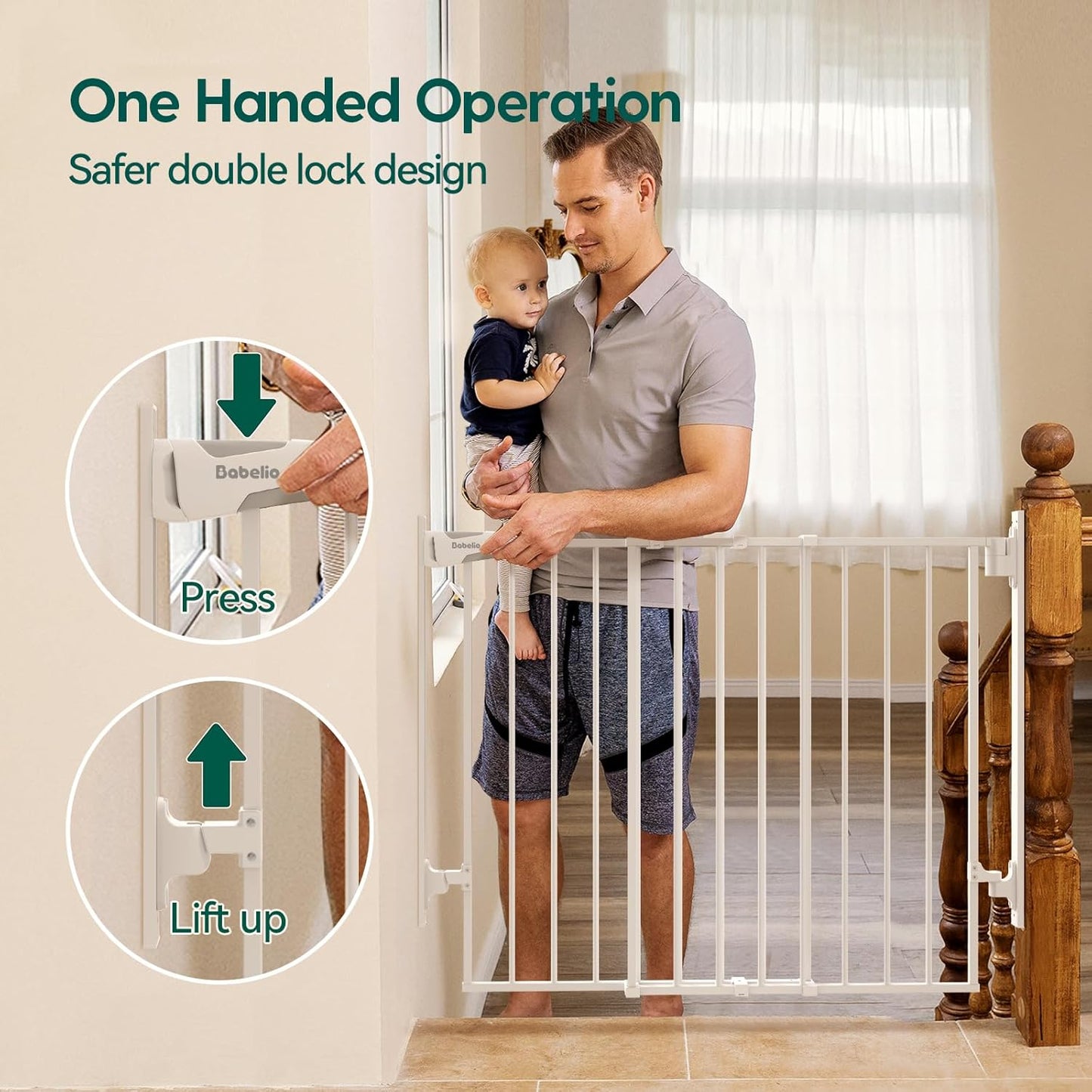 Babelio 27-45" No Bottom Bar Baby Gate with Easy Installation, 2-in-1 Auto Close Design, Suitable for The House, Stairs, and Doorways, Safety Pet Gates with Large Walk-Thru Door, White