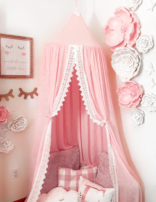 Princess Bed Canopy Mosquito Net for Kids Baby Crib, Round Dome Kids Indoor Outdoor Castle Play Tent Hanging House Decoration Reading Nook Cotton Canvas,Pink