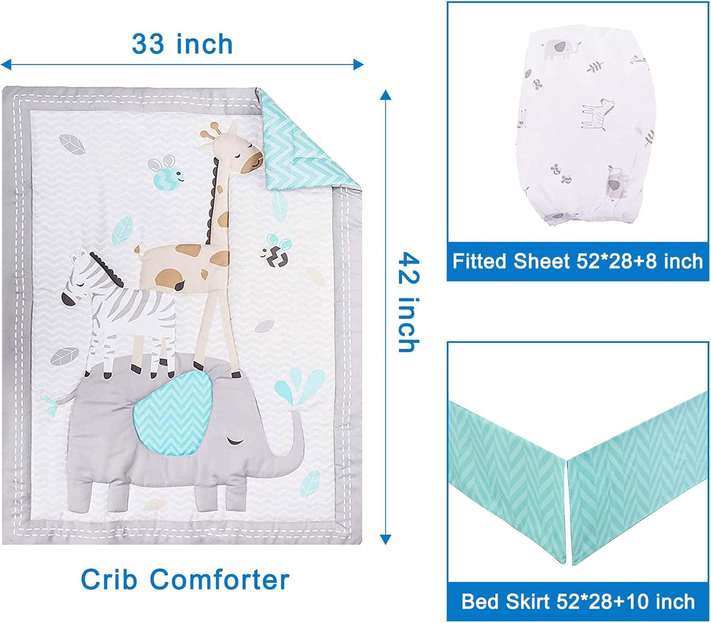 Wowelife Elephant Crib Bedding Set Gray, Premium 3-Piece Baby Bedding Set Elephant, Safari Newborn& Infant Nursery Bedding Set for Baby Boy, Gray