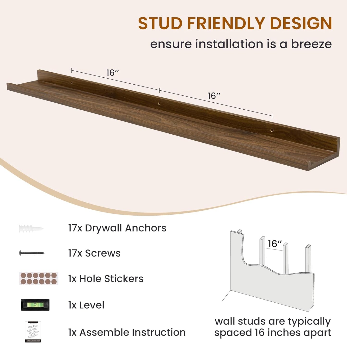 Axeman Picture Ledge Shelf, Floating Shelves for Wall Decor Storage Set of 6, 48 inch Floating Wall Mounted Shelves, Wall Shelves with Lip for Living Room, Bedroom, Nursery, Bathroom, Kitchen, Walnut