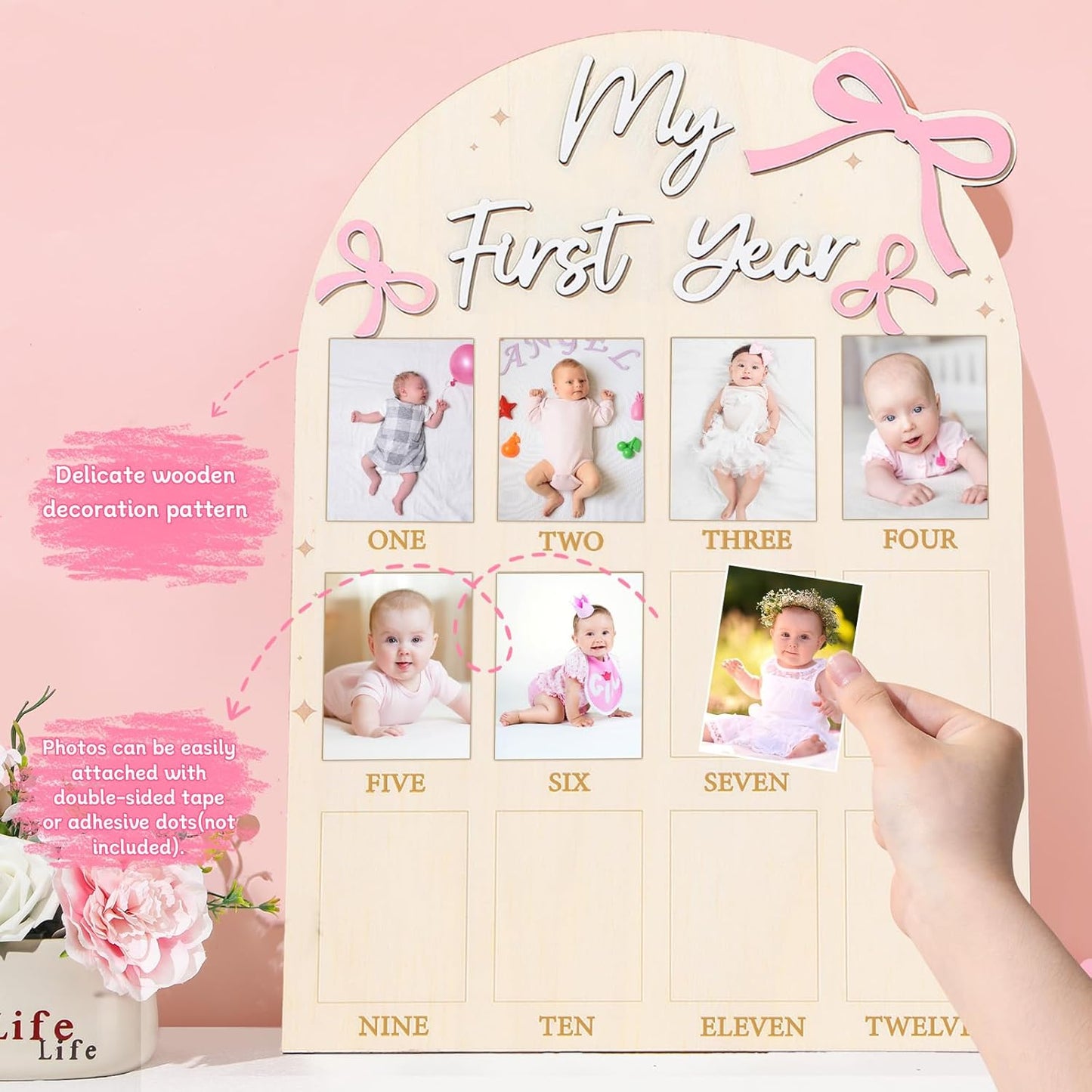 Pink Bow First Year Photo Board Coquette Bow Birthday Party Wooden Board Decorations 12 Monthly Milestone Picture Frame One Year Old Wood Sign 1st Birthday Photo Banner for Baby Girls Keepsake Gift