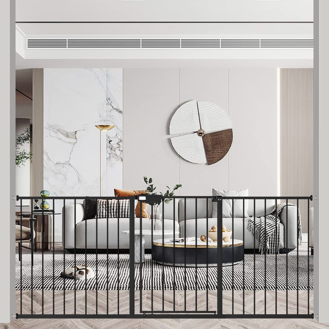 WAOWAO Triple Lock Baby Gate Extra Wide 86.22-90.55" Pressure Mounted Walk Through Swing Auto Close Safety Black Metal Dog Pet Puppy Cat for Stairs,Doorways,Kitchen