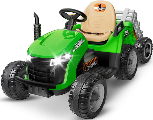 24V Ride On Tractor w/Tiltable & Detachable Trailer, 2x65W Motors, EVA Tires, Remote Control, Bluetooth, Shifter, Music, Electric Car for Kids, Green